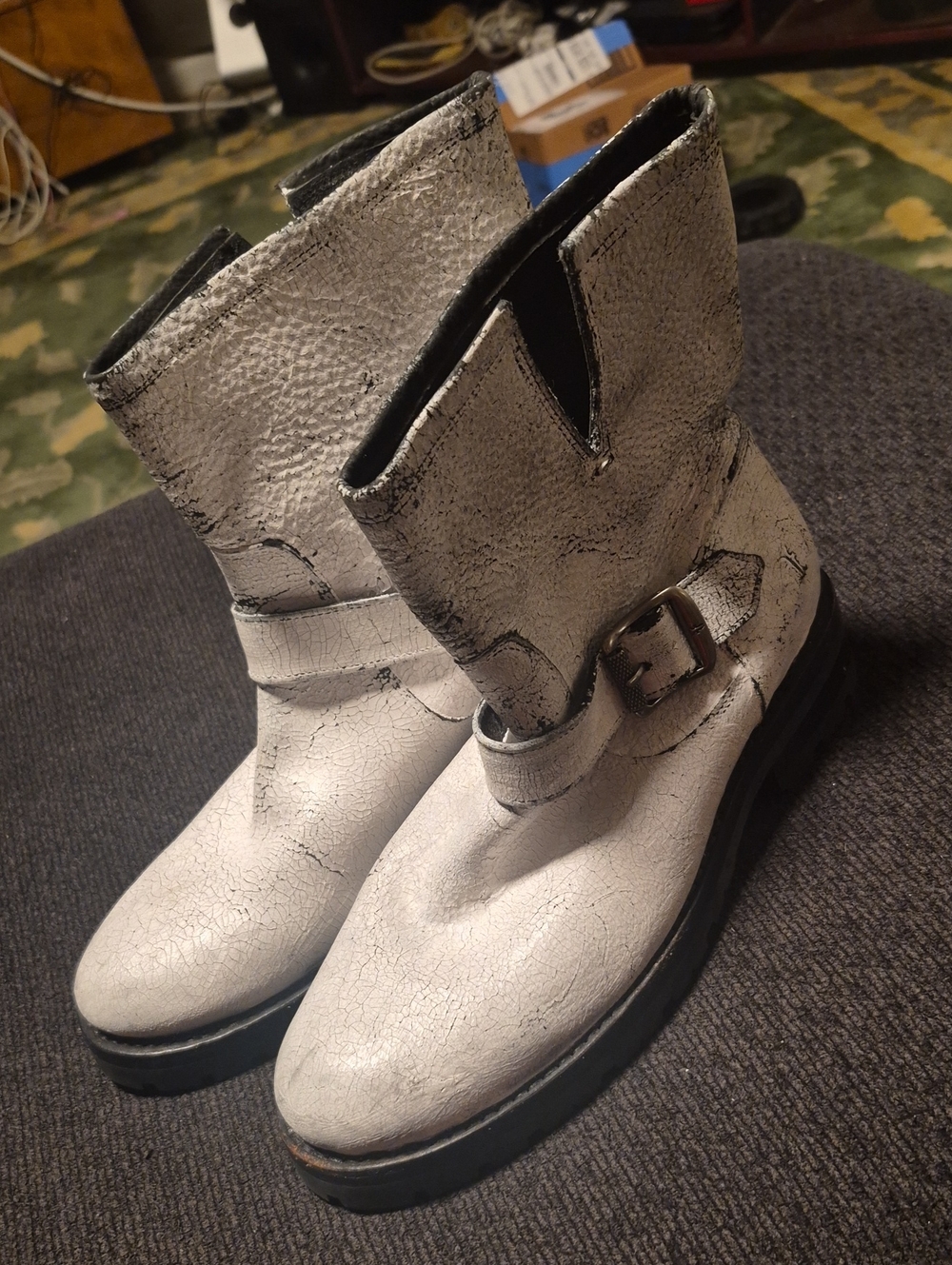 Frye White Distressed Leather Buckle Ankle Boots